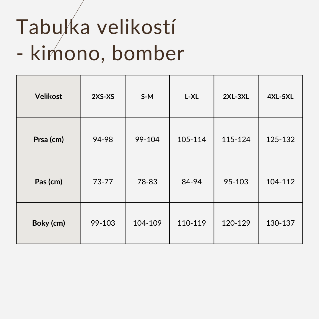 Tabulka velikostí  - kimono, bomber